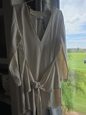 Stillwater Long-Sleeve V-Neck Tie-Front Dress in Cream Linen Blend Large